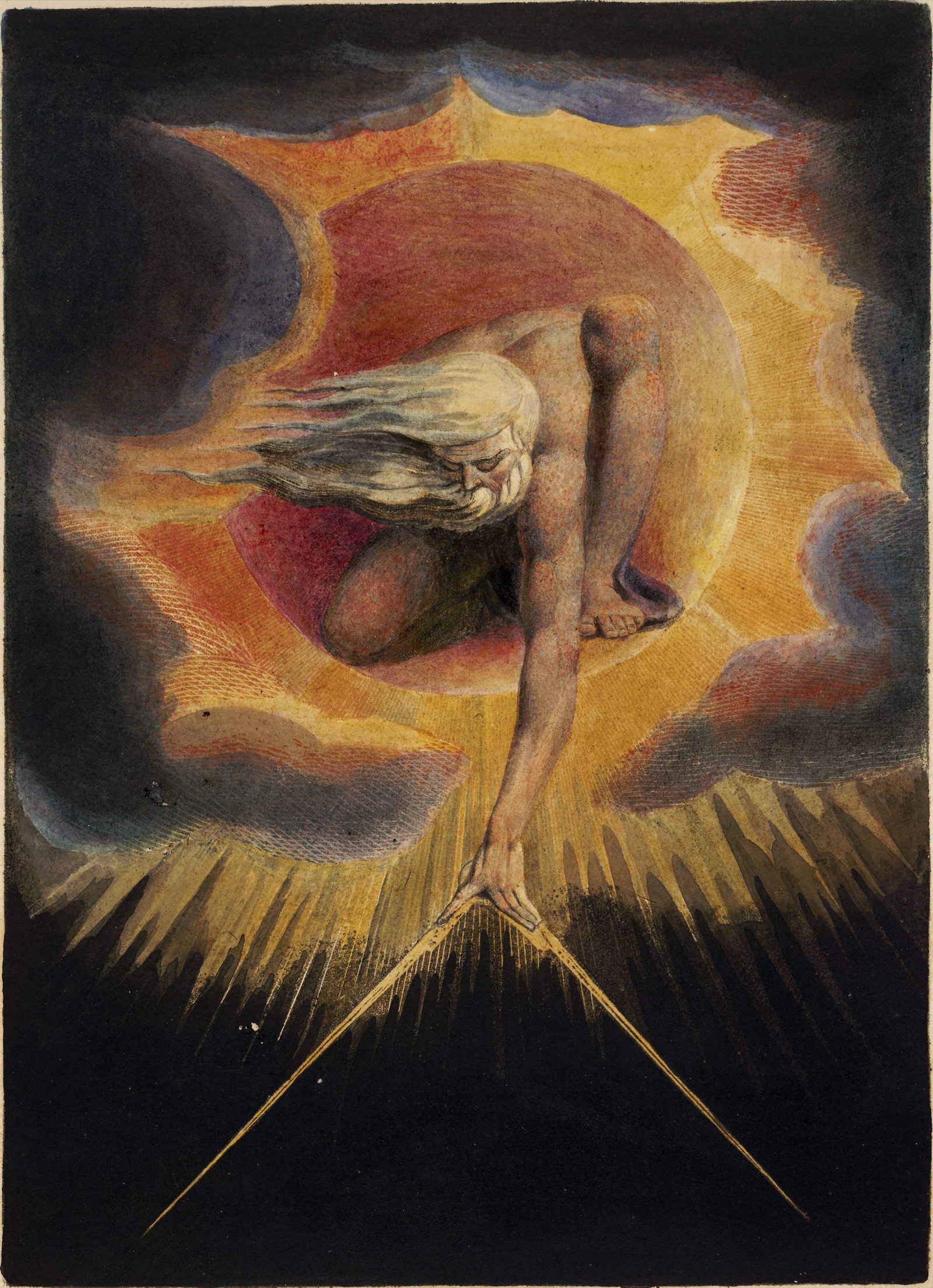 A muscular divine figure crouches in a solar disc, reaching down with a compass to measure the void below — the creator constraining infinity into finite form