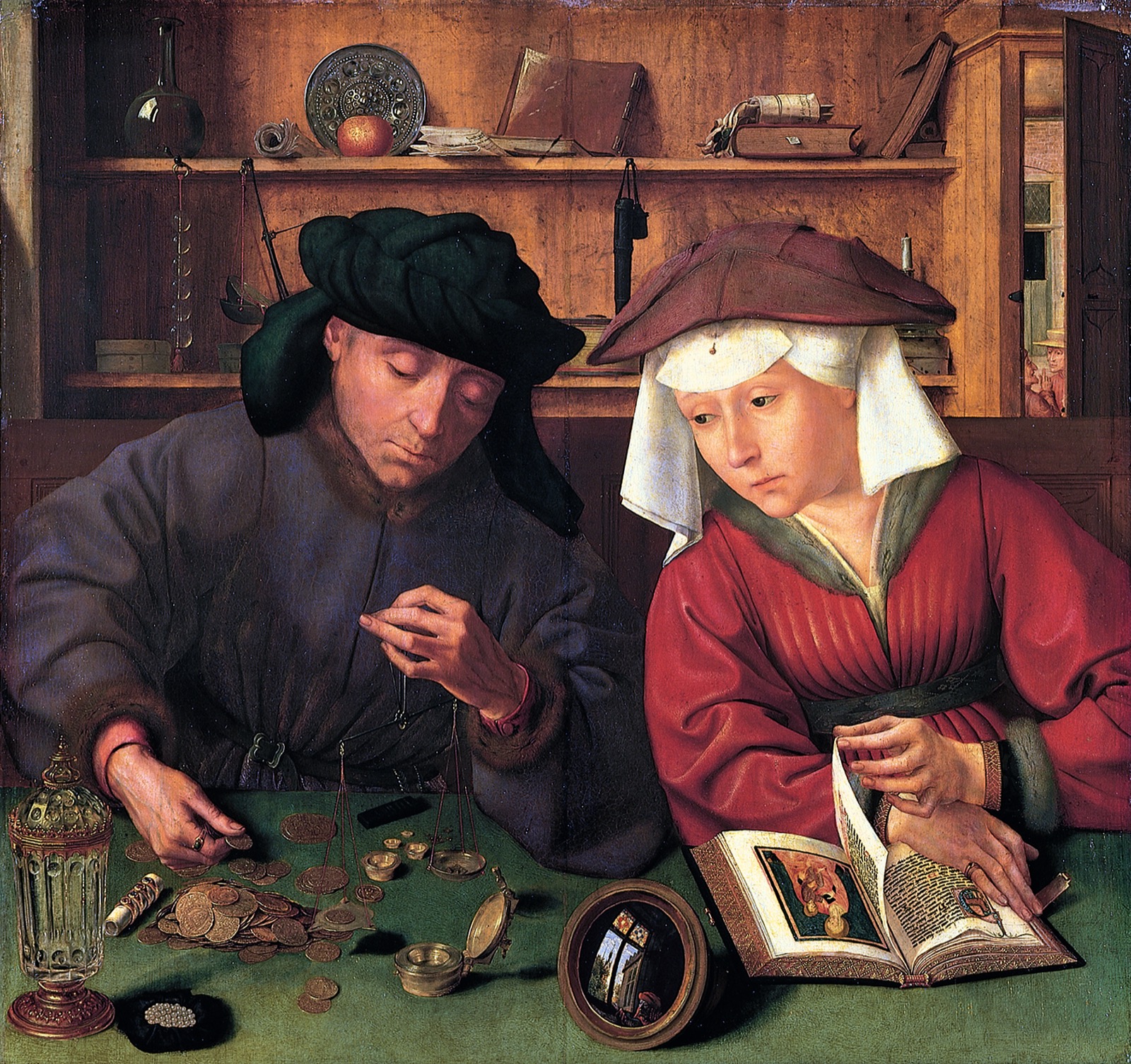 A man weighs coins on a scale while his wife, distracted from her prayer book, watches the money — commerce invading devotional space