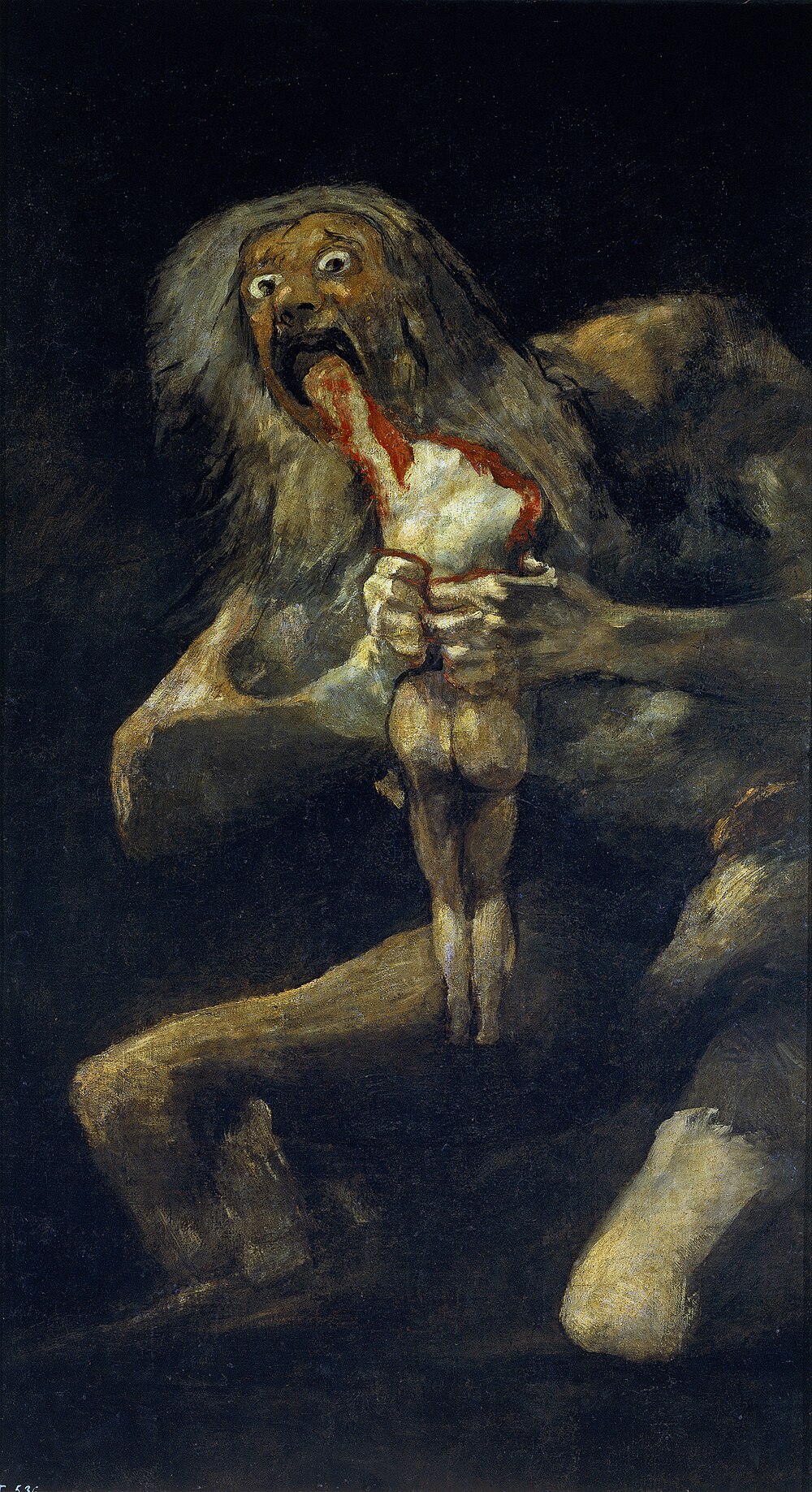 A wild-eyed giant crouches in darkness, devouring a human body, painted with terrifying immediacy