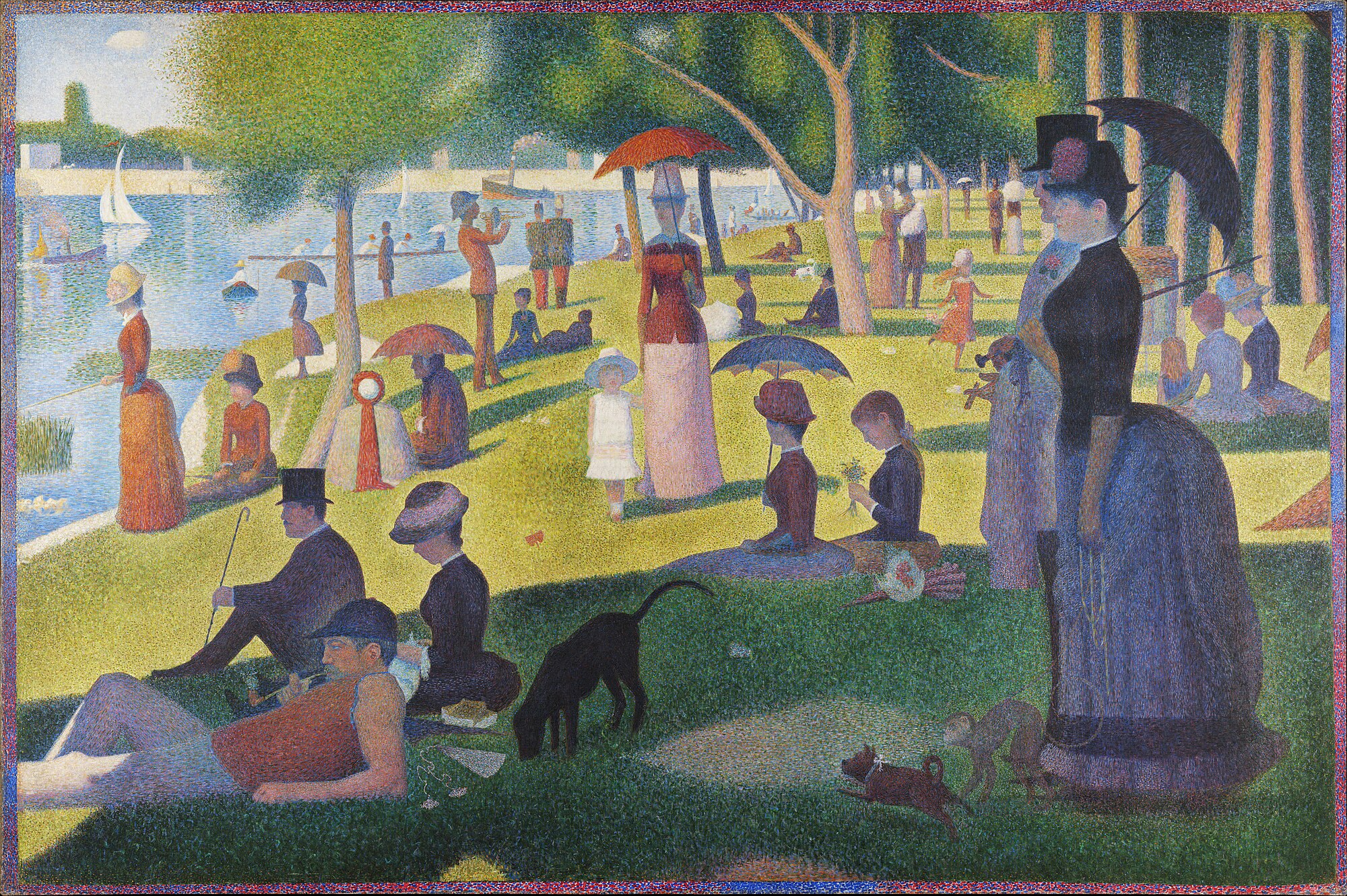 A park scene of figures by the Seine composed entirely of individual dots of color — each dot a narrow quale, the unified scene a broad quale